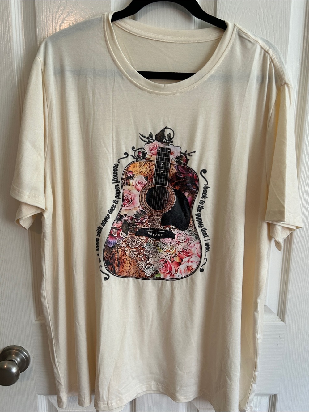 Cream Graphic T-Shirt with Floral Guitar Print